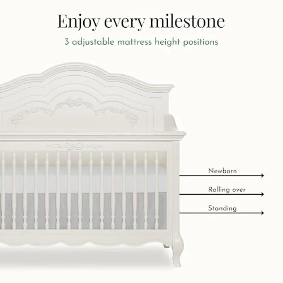 Evolur Aurora 5-in-1 Convertible Full-Size Baby Crib in, 3 Mattress HeightsRibbon Bow Scrollwork and Queen Anne Feet, Converts
