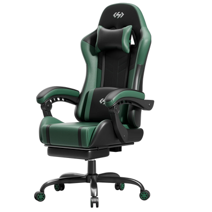 Ergonomic Gaming Chair, Lumbar Massage & Adjustable Headrest, PU Leather Computer Seat with Retractable Footrest and 360° Swivel
