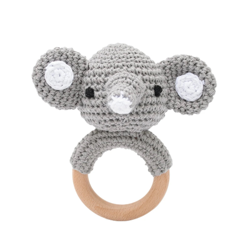 Handmade Crochet Animal Rattle Set Natural Beech Wood Ring Built in Bell Sound Teething Relief Fine Motor Skills Baby Toys Gift