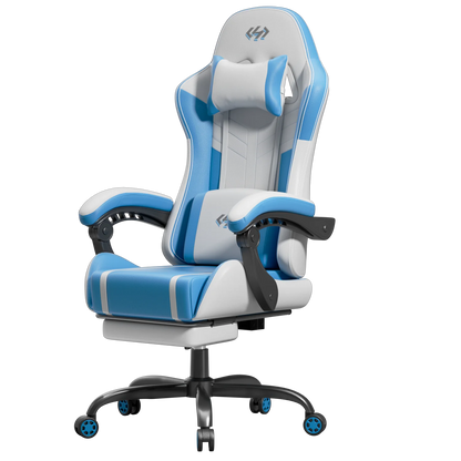 Ergonomic Gaming Chair, Lumbar Massage & Adjustable Headrest, PU Leather Computer Seat with Retractable Footrest and 360° Swivel
