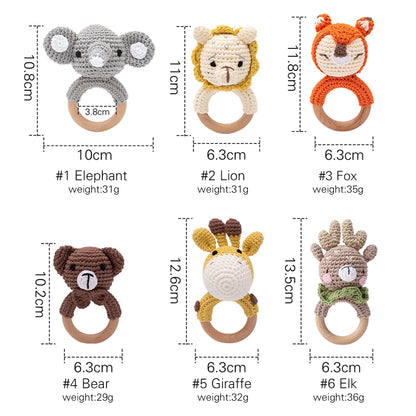 Handmade Crochet Animal Rattle Set Natural Beech Wood Ring Built in Bell Sound Teething Relief Fine Motor Skills Baby Toys Gift