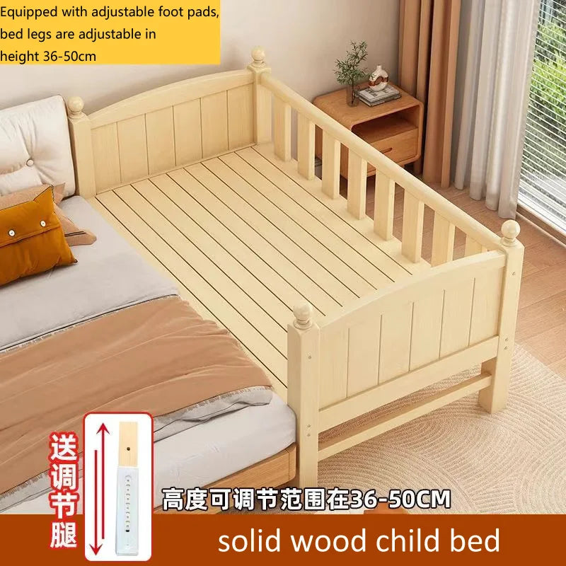 Children's Splicing Bed Wider Solid Wood Frame with Guardrail Baby Single Bed Kids' Crib Safety and Comfort