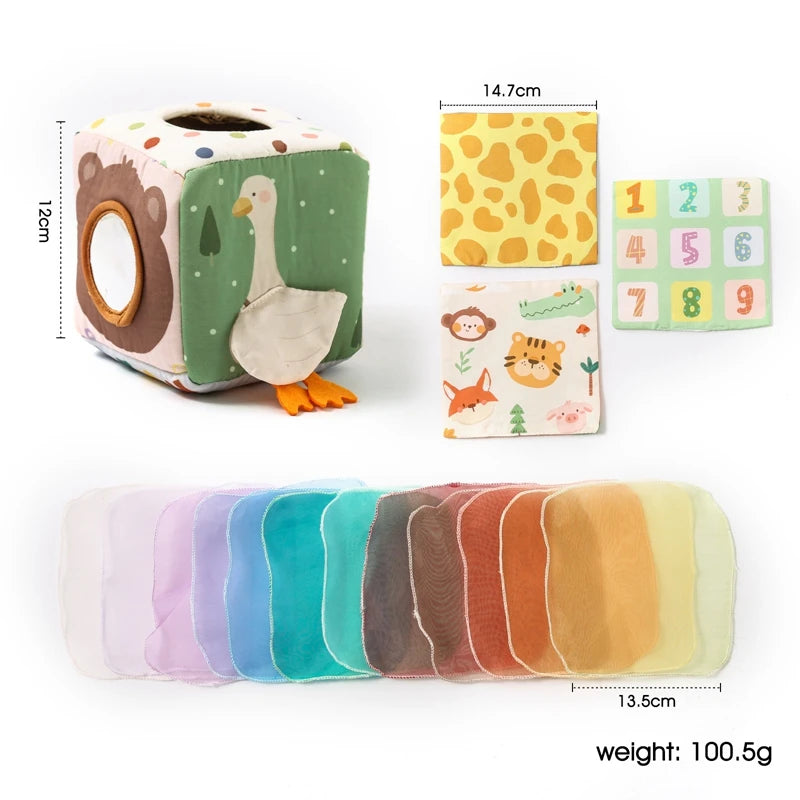 Baby Montessori Rattle Toy Cotton Animal Tissue Box Kid Finger Exercise Cloth Busy Box Toy Baby Educational Activity Sensory Toy