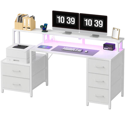 JHK 67In Gaming Computer Desk with 5 Storage Drawers Wood Office Computer Desks with LED Lights Power Outlets for Office Bedroom