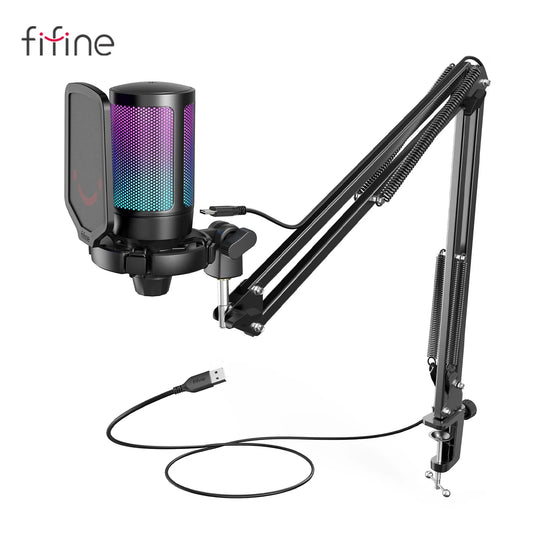 FIFINE USB Gaming Microphone Kit for PC,PS4/5 Condenser Cardioid Mic Set with Mute Button/RGB /Arm Stand,for Streaming Video