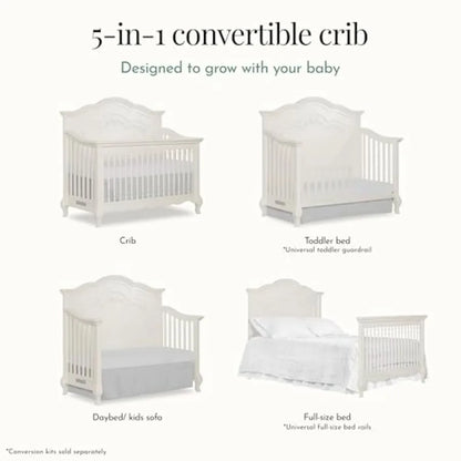 Evolur Aurora 5-in-1 Convertible Full-Size Baby Crib in, 3 Mattress HeightsRibbon Bow Scrollwork and Queen Anne Feet, Converts