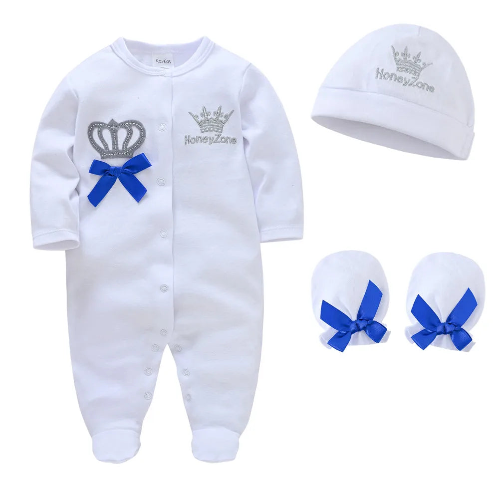 Newborn Baby Boys Romper Royal Crown Prince 100% Cotton Clothing Set with Cap Gloves Infant Girl One-Pieces Footies Sleepsuits