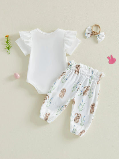 Adorable Toddler Easter Clothes Bunny Patterned Short Sleeve Romper Pants and Headband 3 Piece Set for Baby Girls