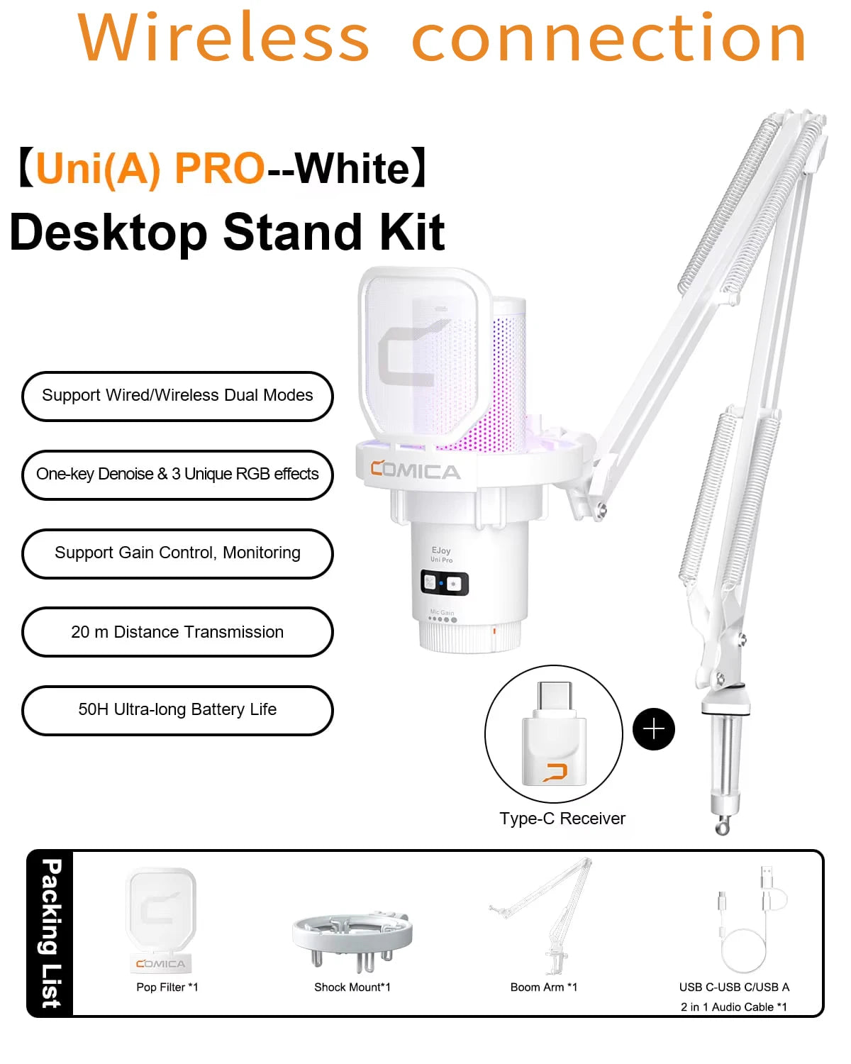 COMICA Uni Pro Wireless USB Gaming Microphone for PC Laptop Smartphone Noise Cancellation Condenser Mic with RGB Lights