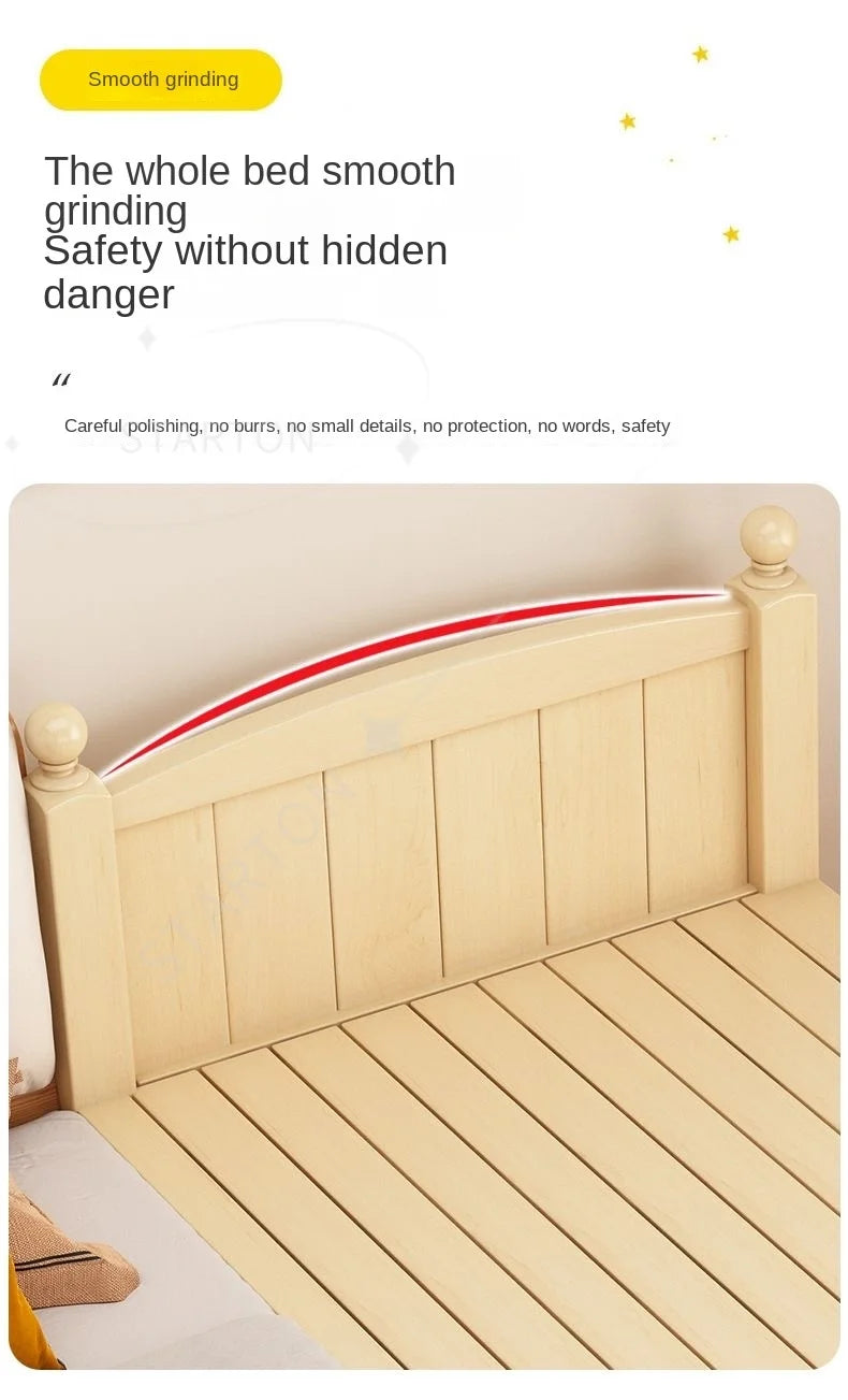 Children's Splicing Bed Wider Solid Wood Frame with Guardrail Baby Single Bed Kids' Crib Safety and Comfort