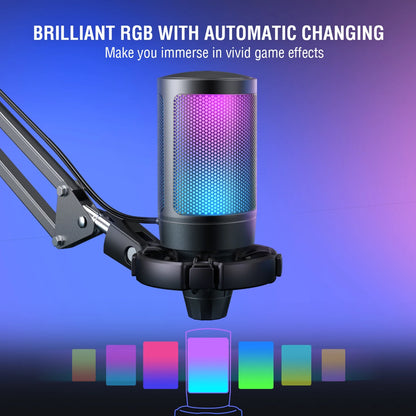 FIFINE USB Gaming Microphone Kit for PC,PS4/5 Condenser Cardioid Mic Set with Mute Button/RGB /Arm Stand,for Streaming Video