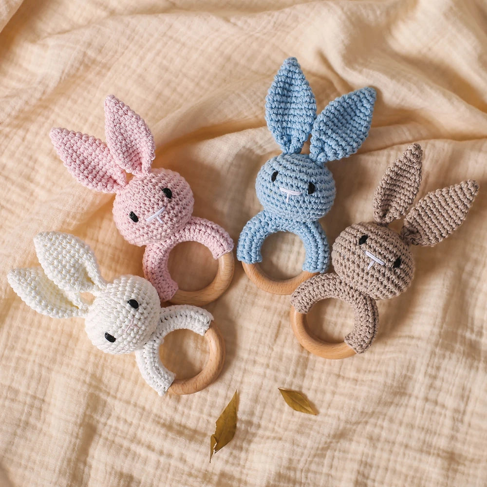 Handmade Crochet Animal Rattle Set Natural Beech Wood Ring Built in Bell Sound Teething Relief Fine Motor Skills Baby Toys Gift
