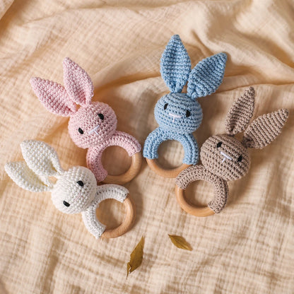 Handmade Crochet Animal Rattle Set Natural Beech Wood Ring Built in Bell Sound Teething Relief Fine Motor Skills Baby Toys Gift