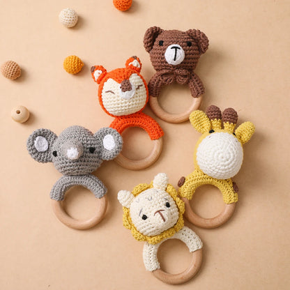Handmade Crochet Animal Rattle Set Natural Beech Wood Ring Built in Bell Sound Teething Relief Fine Motor Skills Baby Toys Gift
