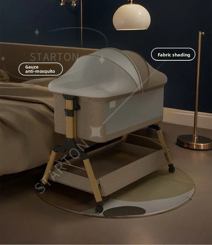 Removable Baby Cradle Bed Large Foldable Wood Crib Height Adjustment Splicing Anti-Spill Milk Feature for Living Room