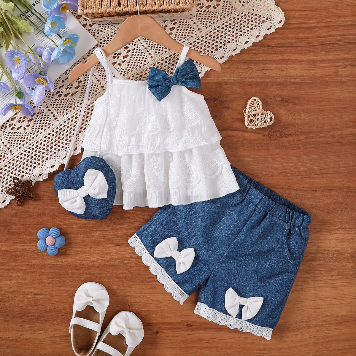 3Pcs Baby girl Lace Ruffled Camisole Top+Bow shorts+Heart mini bag Set suitable for 0-3 Year Baby girl Summer Fashion Set