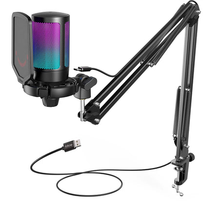 FIFINE USB Gaming Microphone Kit for PC,PS4/5 Condenser Cardioid Mic Set with Mute Button/RGB /Arm Stand,for Streaming Video