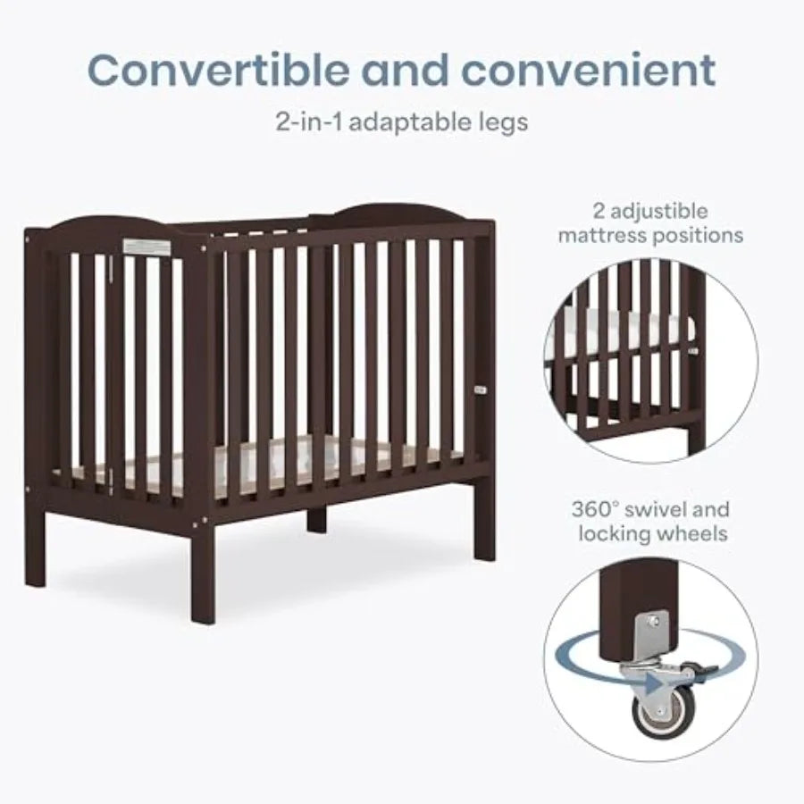 Dream On Me 2-in-1 Portable Mini Crib, Non-Full Size Baby Crib for Small Spaces, 2 Mattress Heights, Compact Travel Design, Inc
