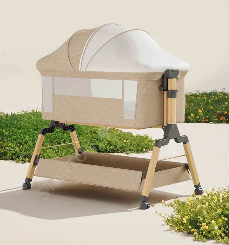 Removable Baby Cradle Bed Large Foldable Wood Crib Height Adjustment Splicing Anti-Spill Milk Feature for Living Room