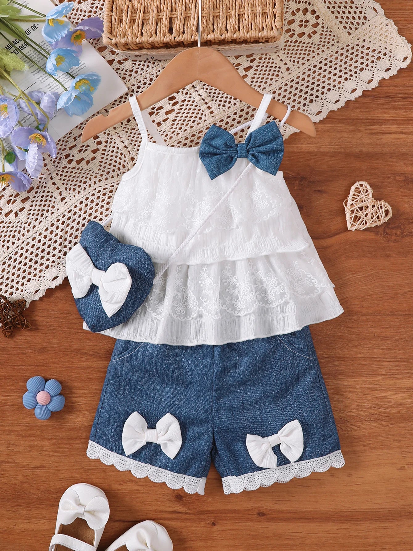 3Pcs Baby girl Lace Ruffled Camisole Top+Bow shorts+Heart mini bag Set suitable for 0-3 Year Baby girl Summer Fashion Set