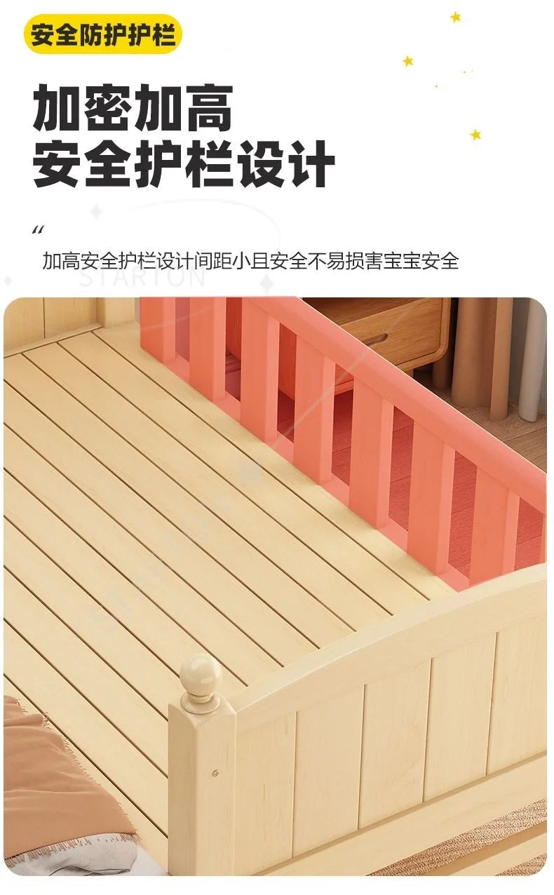 Children's Splicing Bed Wider Solid Wood Frame with Guardrail Baby Single Bed Kids' Crib Safety and Comfort