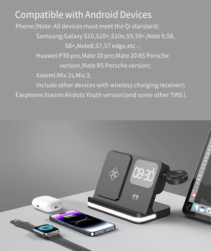 Clock, desktop, mobile phone, headphones, watch, wireless charger, both entertainment and charging not wrong