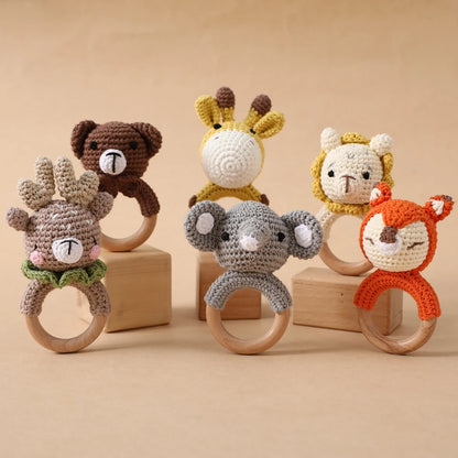 Handmade Crochet Animal Rattle Set Natural Beech Wood Ring Built in Bell Sound Teething Relief Fine Motor Skills Baby Toys Gift
