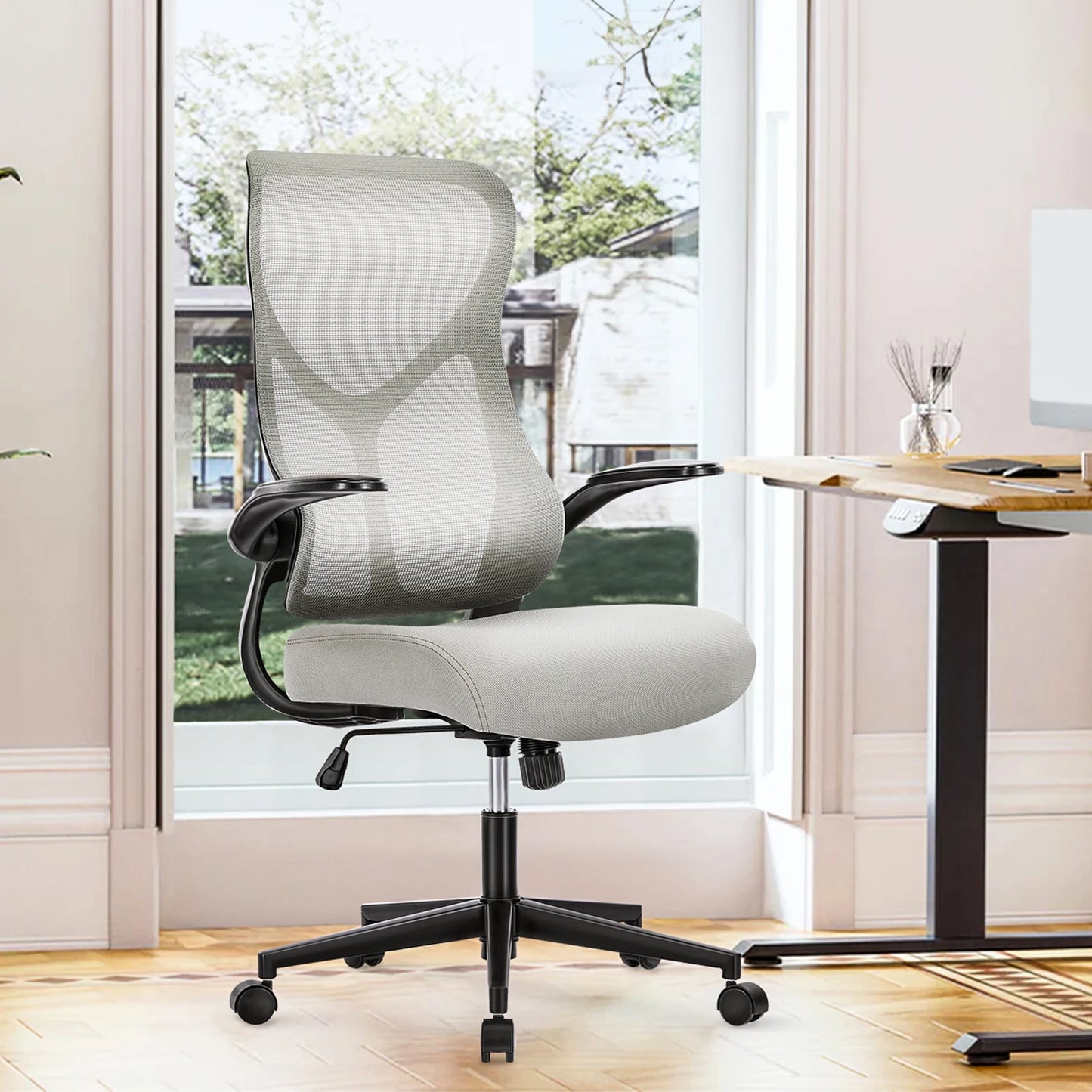 JHK Mesh Lumbar Support Office Desk Computer Chair Ergonomic High Back Swivel Rolling Gaming Chairs With Wheels And Flip-up Arms