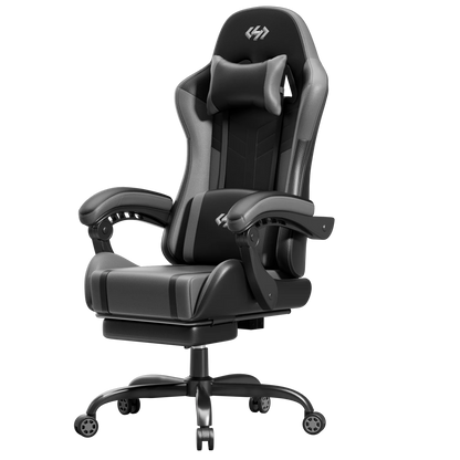 Ergonomic Gaming Chair, Lumbar Massage & Adjustable Headrest, PU Leather Computer Seat with Retractable Footrest and 360° Swivel