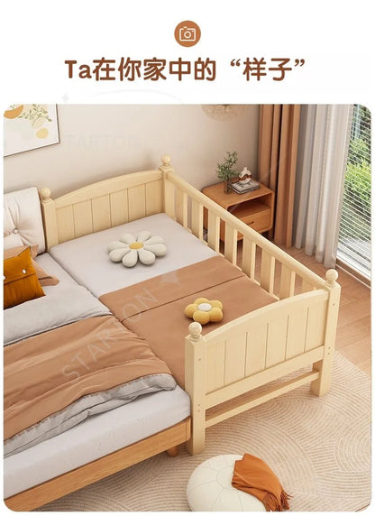 Children's Splicing Bed Wider Solid Wood Frame with Guardrail Baby Single Bed Kids' Crib Safety and Comfort