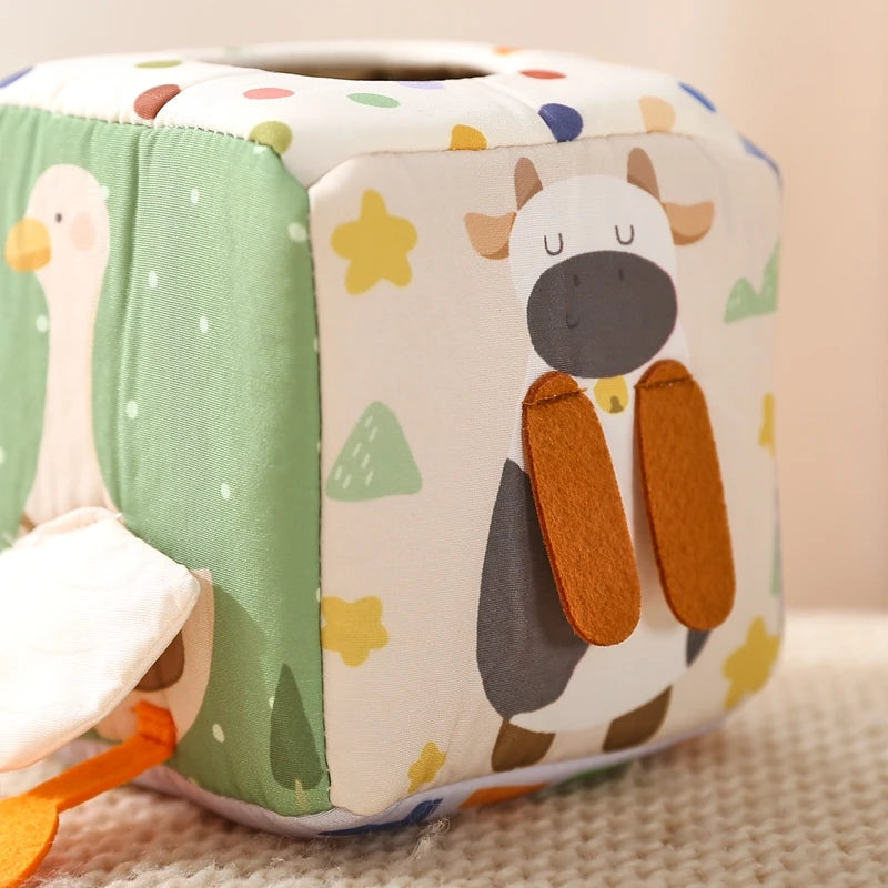 Baby Montessori Rattle Toy Cotton Animal Tissue Box Kid Finger Exercise Cloth Busy Box Toy Baby Educational Activity Sensory Toy