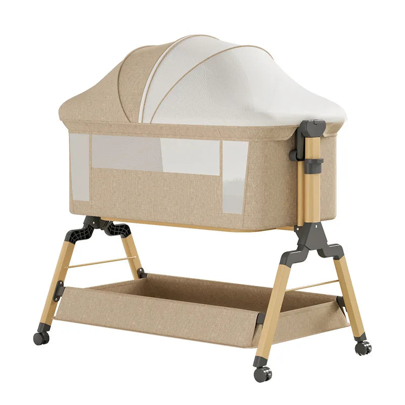 Removable Baby Cradle Bed Large Foldable Wood Crib Height Adjustment Splicing Anti-Spill Milk Feature for Living Room