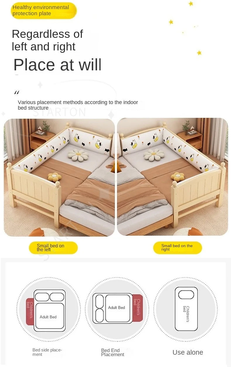 Children's Splicing Bed Wider Solid Wood Frame with Guardrail Baby Single Bed Kids' Crib Safety and Comfort