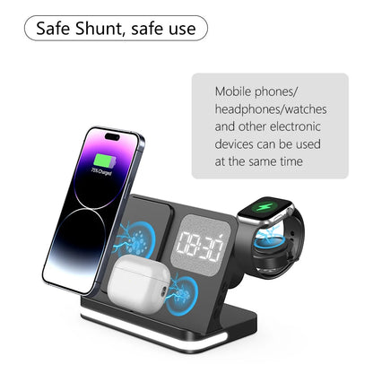Clock, desktop, mobile phone, headphones, watch, wireless charger, both entertainment and charging not wrong