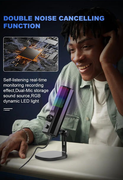 3.5mm Condenser Microphone with ENC Noise Cancelling, RGB LED Lighting, Compatible with PC/PS4/PS5/Mac/Android, Ideal for Stream