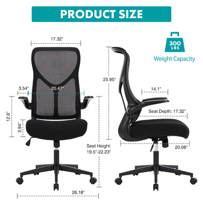 JHK Mesh Lumbar Support Office Desk Computer Chair Ergonomic High Back Swivel Rolling Gaming Chairs With Wheels And Flip-up Arms