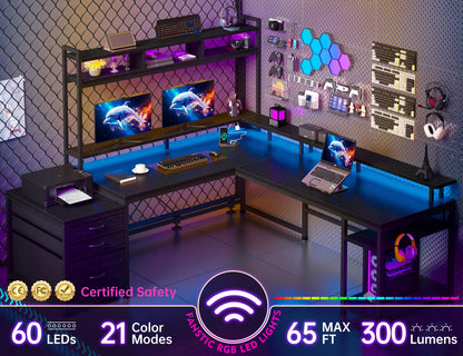 L Shaped Computer Desk with Power Outlet & Monitor Stand & LED Gaming Desk with Hutch Drawers for Living, Gaming Room