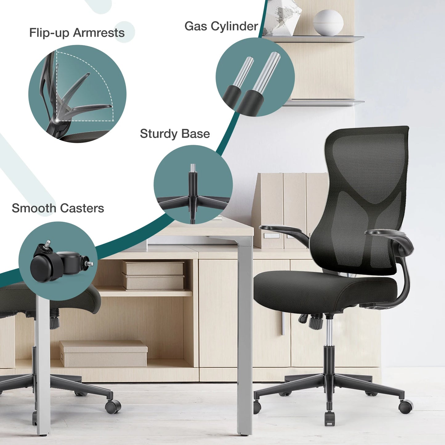 JHK Mesh Lumbar Support Office Desk Computer Chair Ergonomic High Back Swivel Rolling Gaming Chairs With Wheels And Flip-up Arms