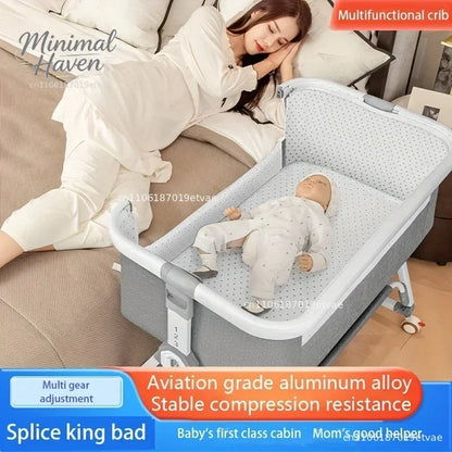 Multi Functional Crib with Foldable Height Adjustment Splicing, Portable and Movable Bedside Swing, Cradle, Sleeping Bed