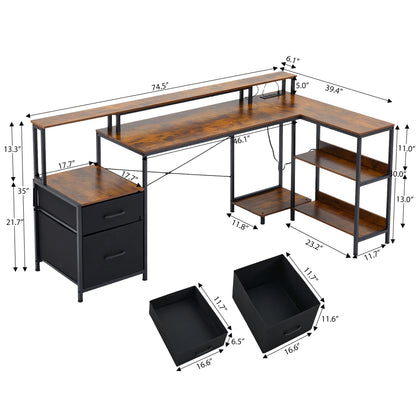 JHK 75IN L-Shaped Computer Desk with Power Outlet and LED Strip 2 Drawers For Study Office Gaming Wood Table Modern Work Table