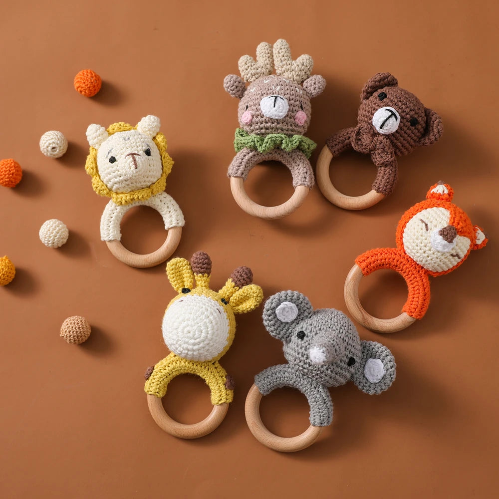 Handmade Crochet Animal Rattle Set Natural Beech Wood Ring Built in Bell Sound Teething Relief Fine Motor Skills Baby Toys Gift