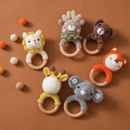 Handmade Crochet Animal Rattle Set Natural Beech Wood Ring Built in Bell Sound Teething Relief Fine Motor Skills Baby Toys Gift