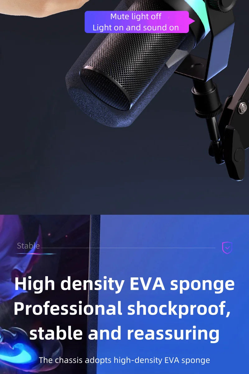 Bluedio S3000 USB/XLR Dynamic Microphone With Headphone Jack/RGB/Mute for Mixer PC Gaming Recording Streaming PS5/4 AmpliGame