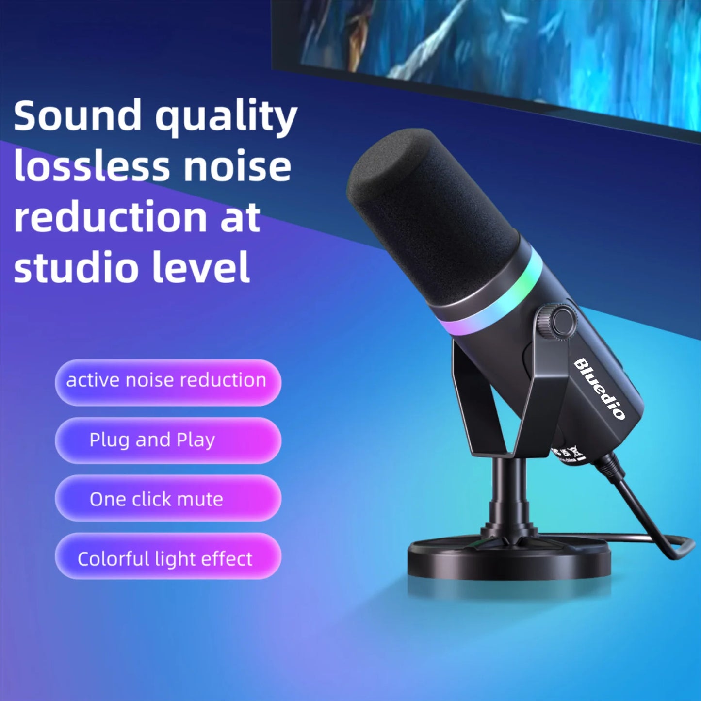 Bluedio S3000 USB/XLR Dynamic Microphone With Headphone Jack/RGB/Mute for Mixer PC Gaming Recording Streaming PS5/4 AmpliGame