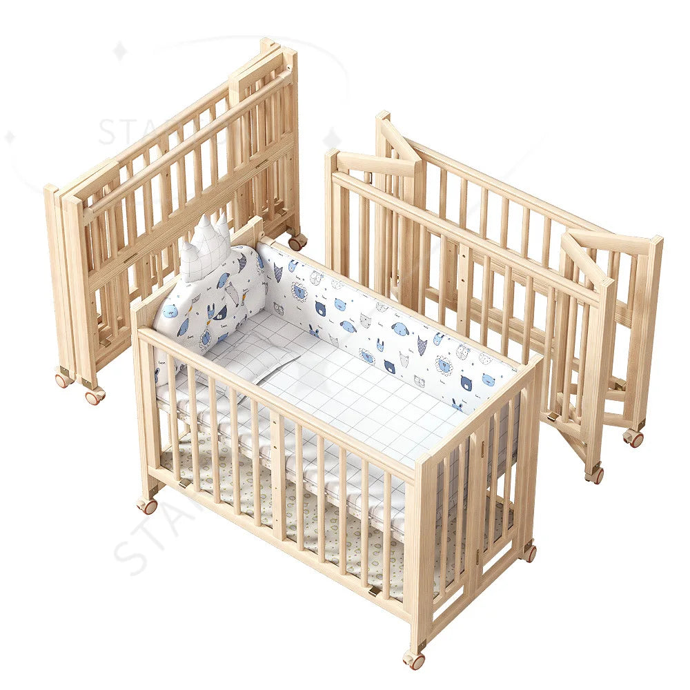 New Fashion 5 in 1 Multifunctional Solid Wood Foldable Baby Cot Adjustable Next to Me Baby Bed Crib